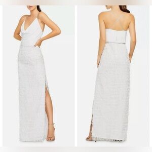 AIDAN MATTOX Ivory White Cowl Neck Sequin Fringe Side Slit Crossback Gown Sz 4